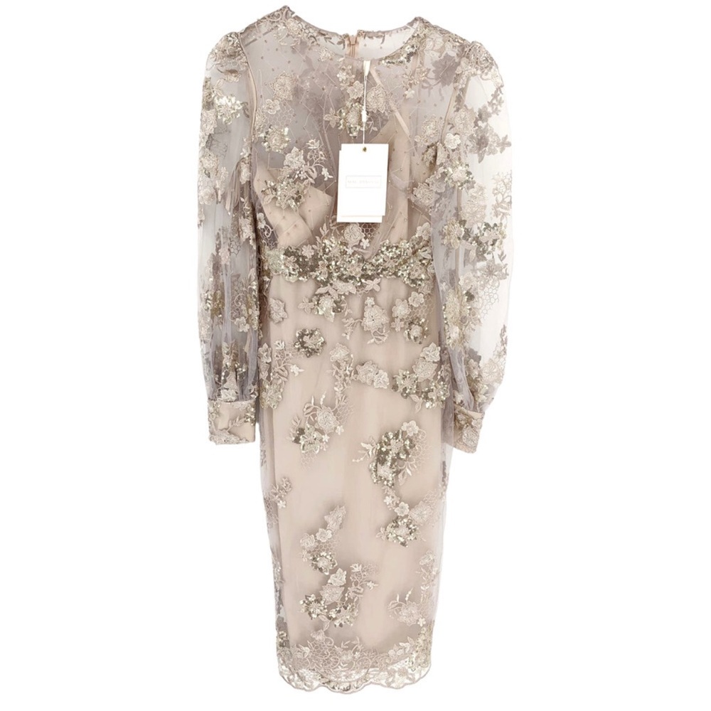 MAC DUGGAL Dress Size 4 Evening Gown Sequin Mocha Tan NEW Midi Beaded Embellish